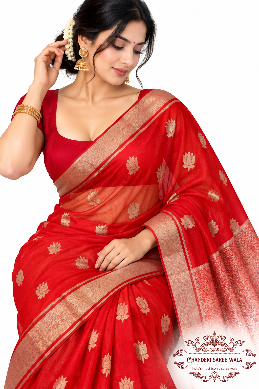 Red Pattu Chanderi Silk Saree with Silver Zari Buti and Rich Silver Sari Border