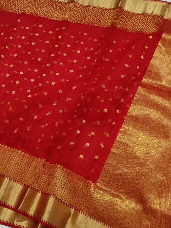 Red colour golden zare border saree Chanderi saree wala