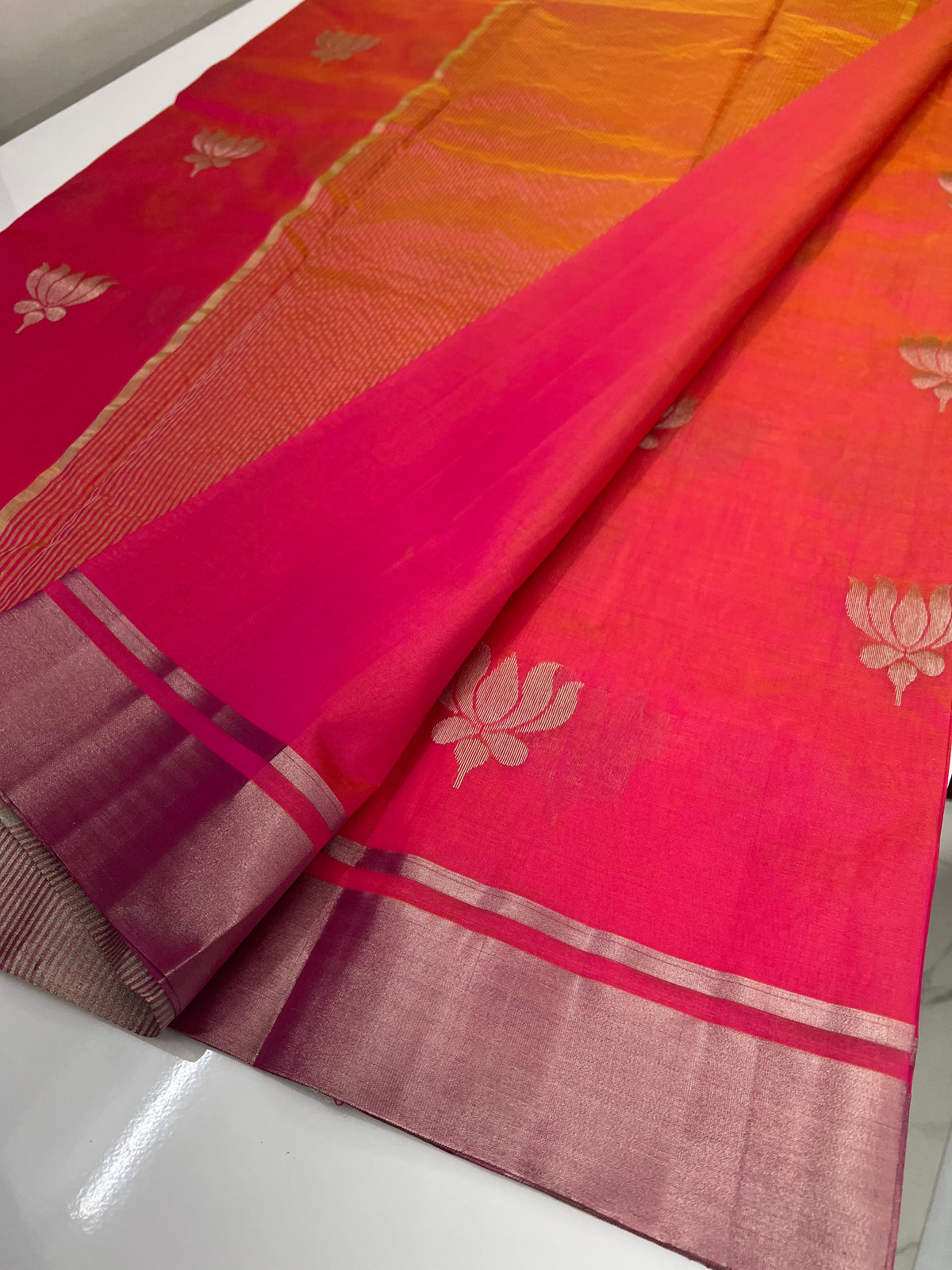 Pink Chanderi Pattu Silk Saree with Silver Zari Border | Traditional Wedding Saree
