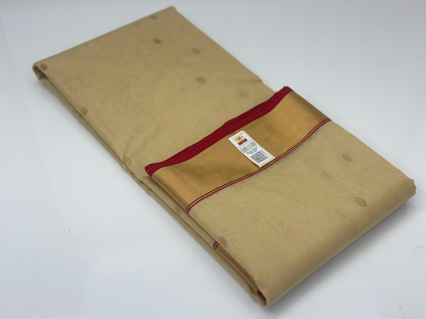 Beige Chanderi Katan Silk Saree with Red Border | Handwoven Elegant Traditional Saree