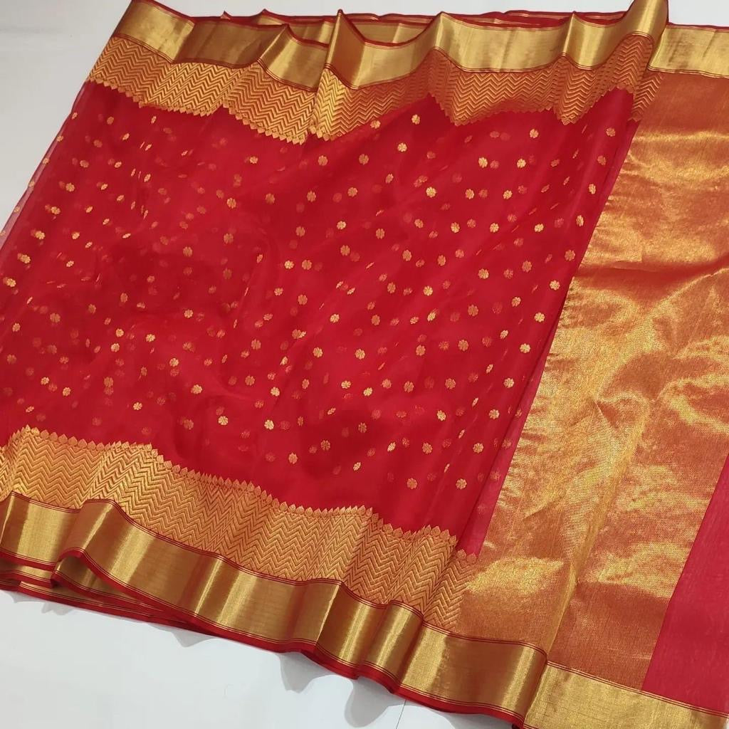 Red colour golden zare border saree Chanderi saree wala