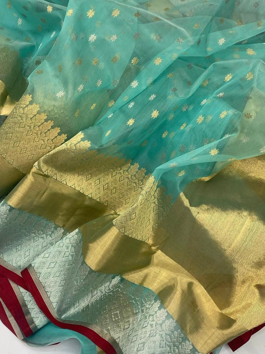 Ocean blue long border silk saree Chanderi saree wala