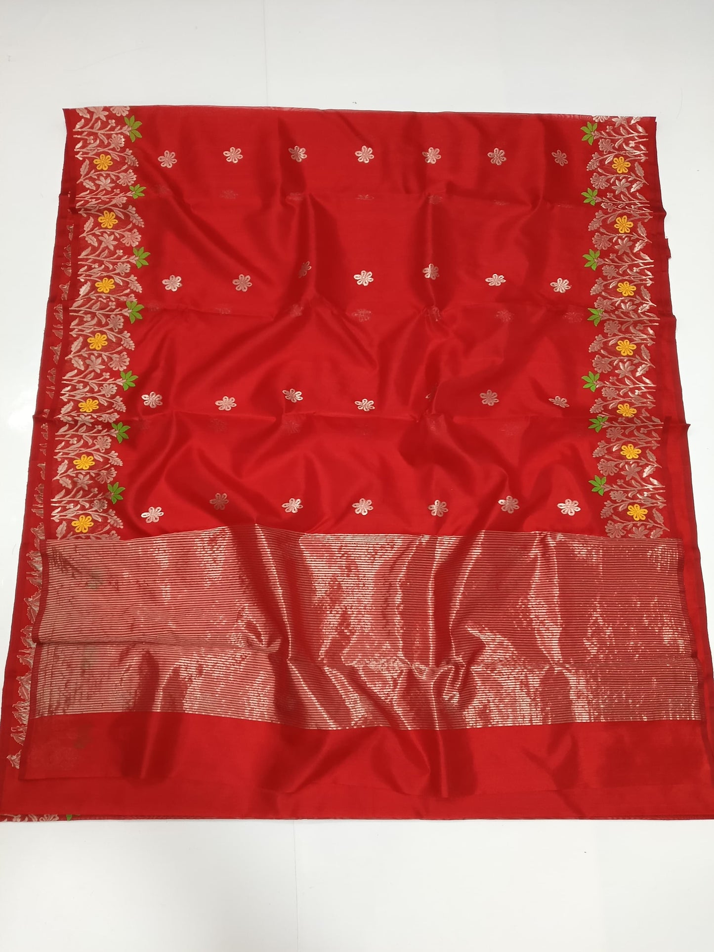 Red mena border pure silk saree