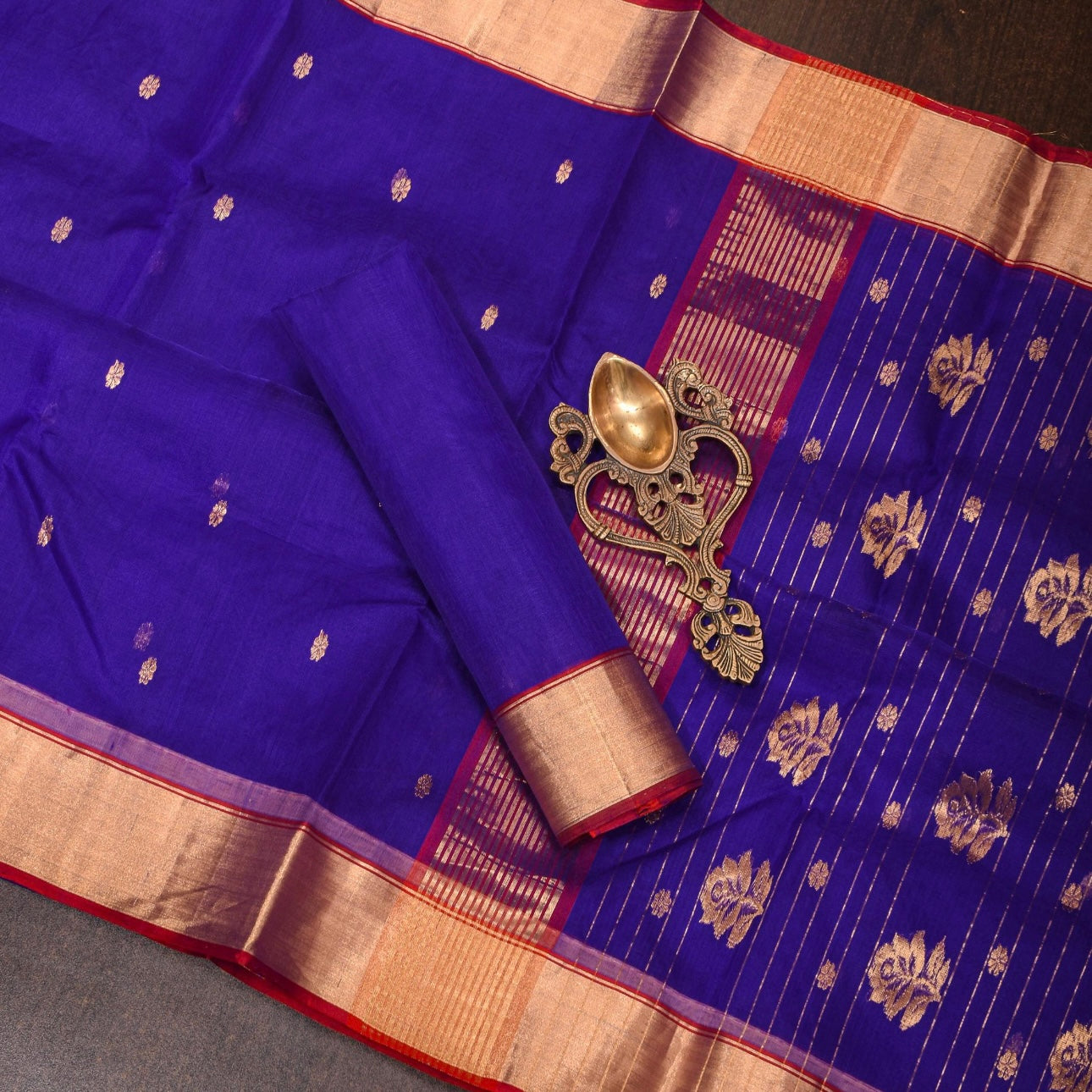 Traditional Blue Chanderi Silk Saree with Gold Motifs