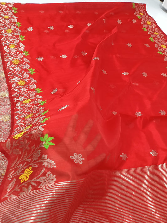 Red mena border pure silk saree
