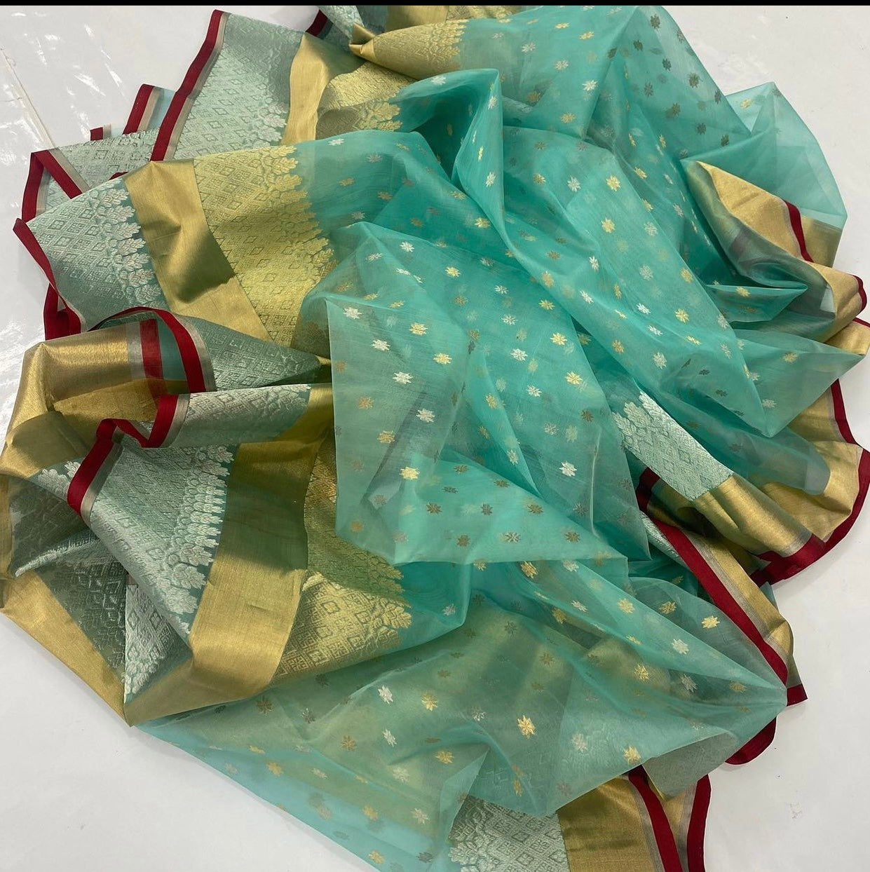 Ocean blue long border silk saree Chanderi saree wala