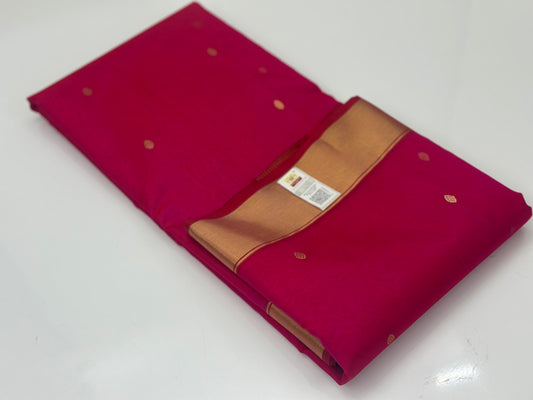 Premium Rani Pink Chanderi Katan Silk Saree with Golden Zari Buti & Rich Woven Border | Handloom Traditional Saree