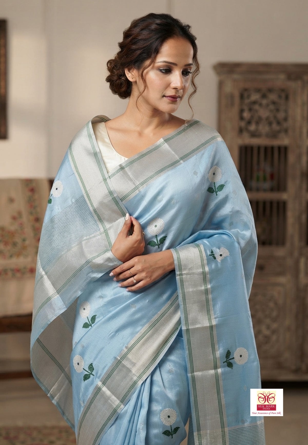 Sky Blue Pure Handloom Chanderi Silk Saree with Silver Zari Weaving saree