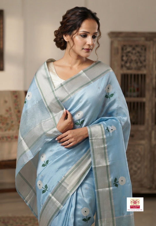 Sky Blue Pure Handloom Chanderi Silk Saree with Silver Zari Weaving saree