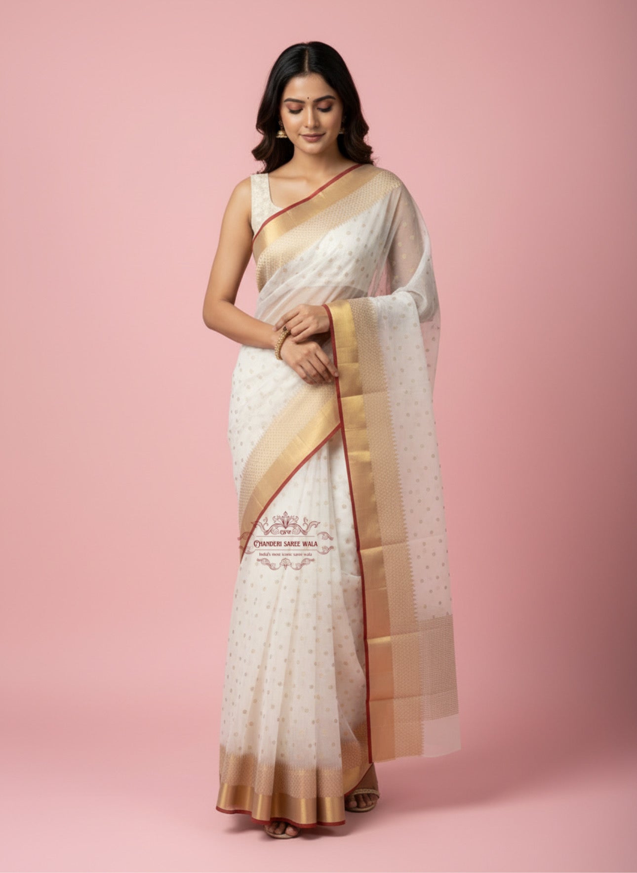 Classic White Chanderi Saree with Golden Zari Border