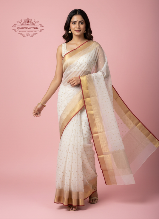 Classic White Chanderi Saree with Golden Zari Border