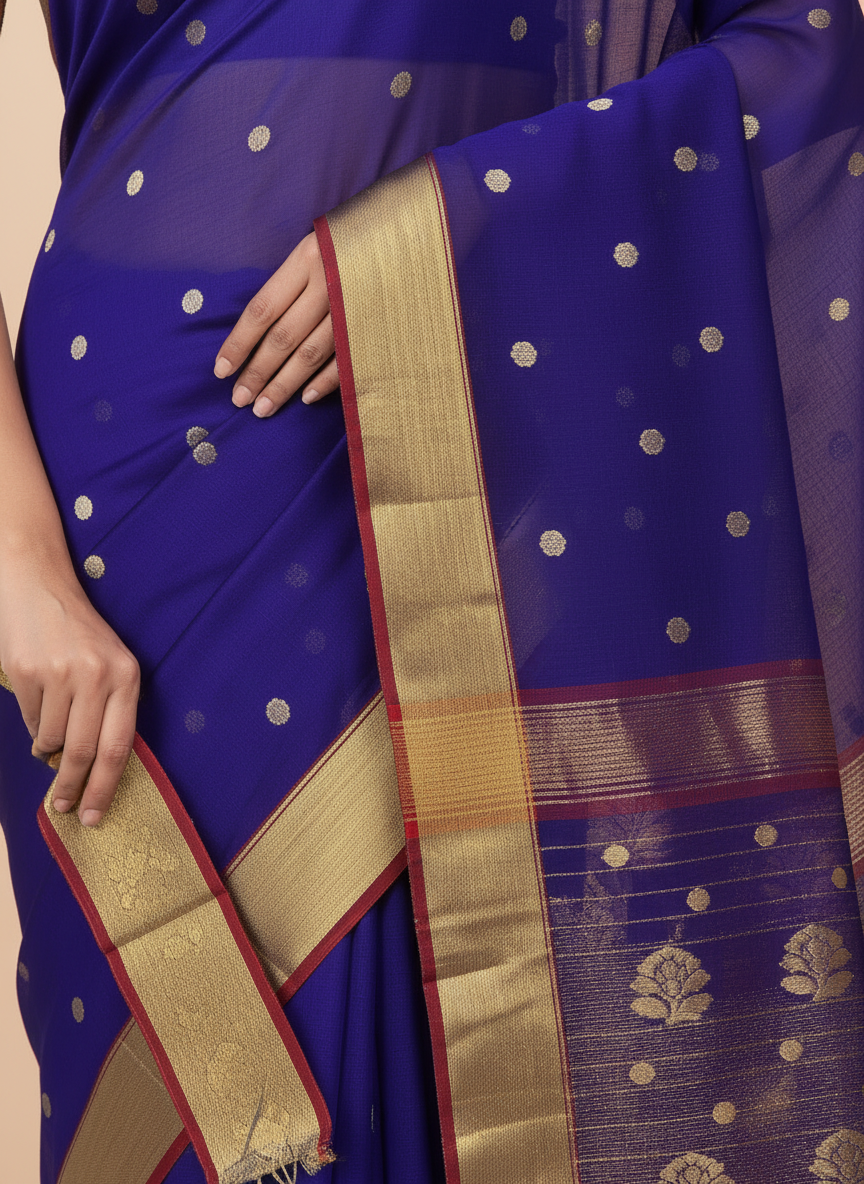 Traditional Blue Chanderi Silk Saree with Gold Motifs